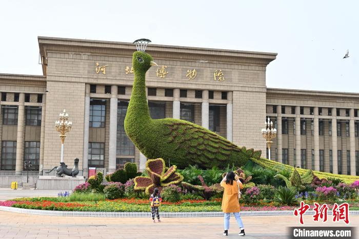 圖為游客在花壇前拍照打卡。　翟羽佳 攝