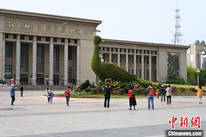 圖為游客在花壇前拍照打卡。　翟羽佳 攝