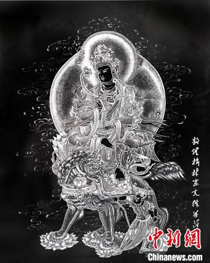 圖為朱增平創(chuàng)作的鍥金畫(huà)《敦煌榆林窟文殊菩薩》。(資料圖) 受訪者供圖