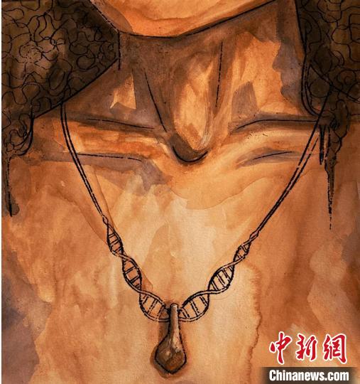 墜飾藝術(shù)再現(xiàn)圖，圖中吊墜繩為DNA螺旋樣式(圖片作者M(jìn)yrthe Lucas)?！∈┢樟指瘛ぷ匀?供圖