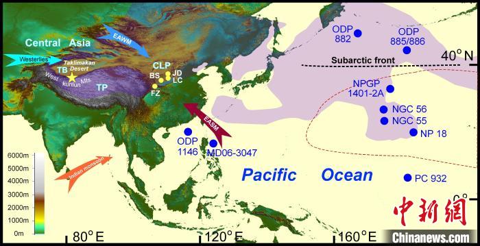 塔里木沙塵傳輸至北太平洋的路徑(陰影區(qū))及西昆侖山黃土巖芯位置(五角星)?！≈锌圃呵嗖馗咴?供圖