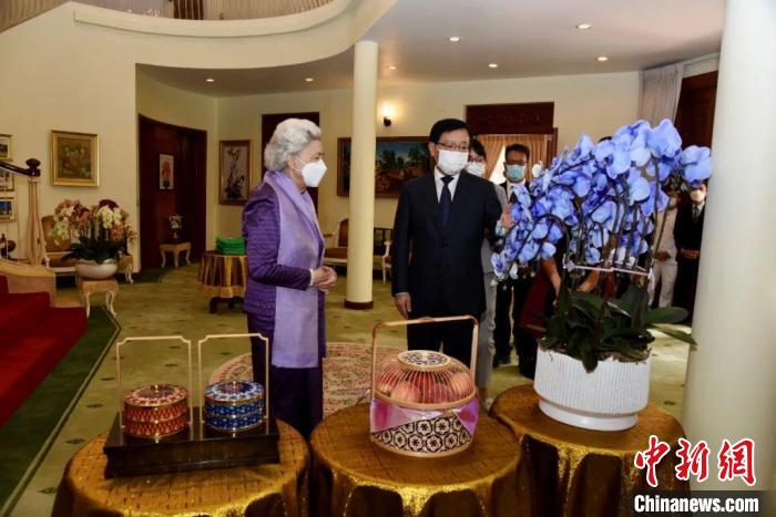 王文天大使介紹中國傳統(tǒng)工藝品及云南的蘭花和鮮果?！≈袊v柬埔寨大使館微信公眾號 攝