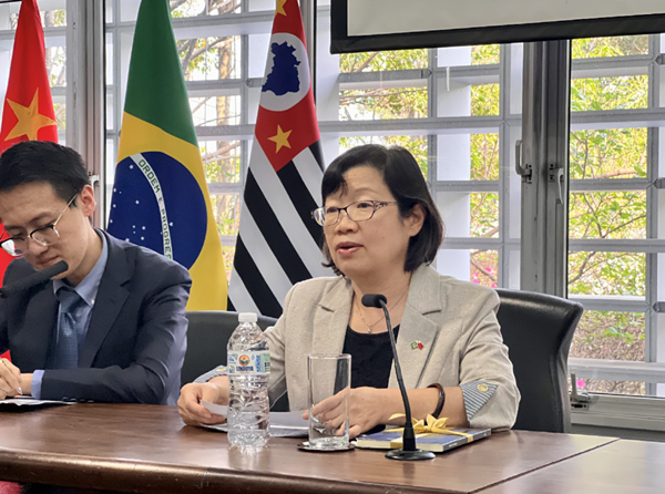 中國(guó)駐圣保羅總領(lǐng)事陳佩潔致辭。中國(guó)駐圣保羅總領(lǐng)館供圖