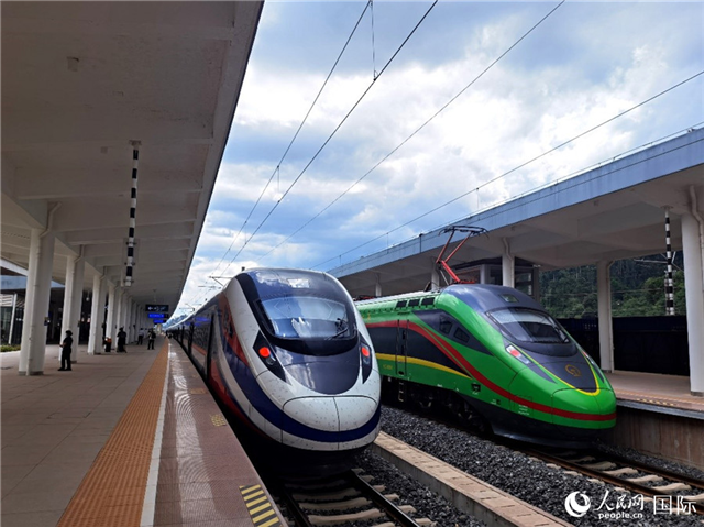 “復(fù)興號”和“瀾滄號”國際旅客列車?？吭诶蠐肽ザ≌尽Ｈ嗣窬W(wǎng) 杜明明攝