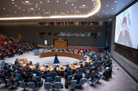 這是2023年11月20日在位于紐約的聯(lián)合國總部拍攝的安理會“共同發(fā)展促進持久和平”公開辯論會現(xiàn)場。中國作為輪值主席，倡議聯(lián)合國安理會20日舉行主題為“共同發(fā)展促進持久和平”的公開辯論會。新華社發(fā)（聯(lián)合國供圖/埃斯金德·德貝卜攝）