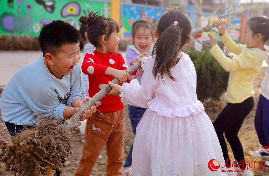 河北省東光縣小朋友們開心的種下小樹苗。 陳英華攝