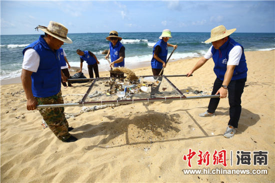 環(huán)保志愿者用篩網“淘”出海灘上的垃圾。