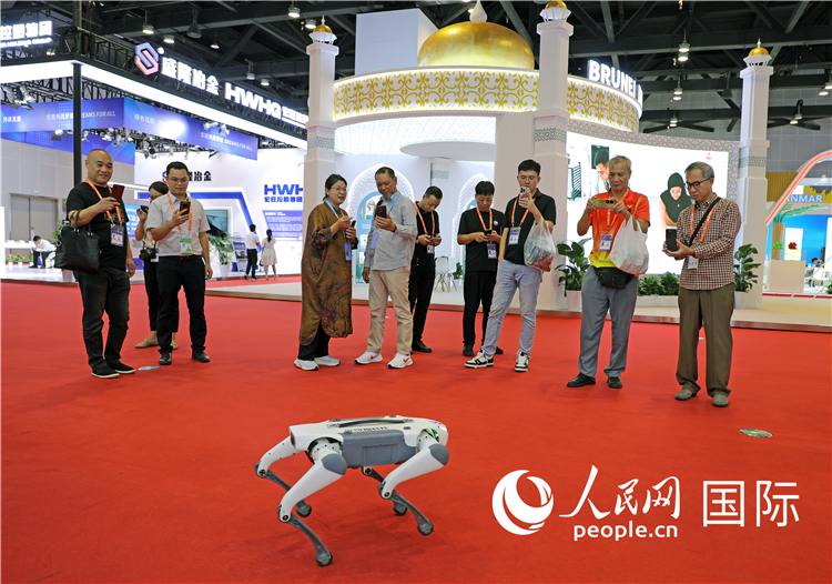 東博會(huì)上，觀眾正在參觀一只機(jī)器狗。綠色能源、新能源汽車(chē)、綠色農(nóng)產(chǎn)品等成為本屆東博會(huì)觀眾關(guān)注的焦點(diǎn)。人民網(wǎng)記者 趙益普攝