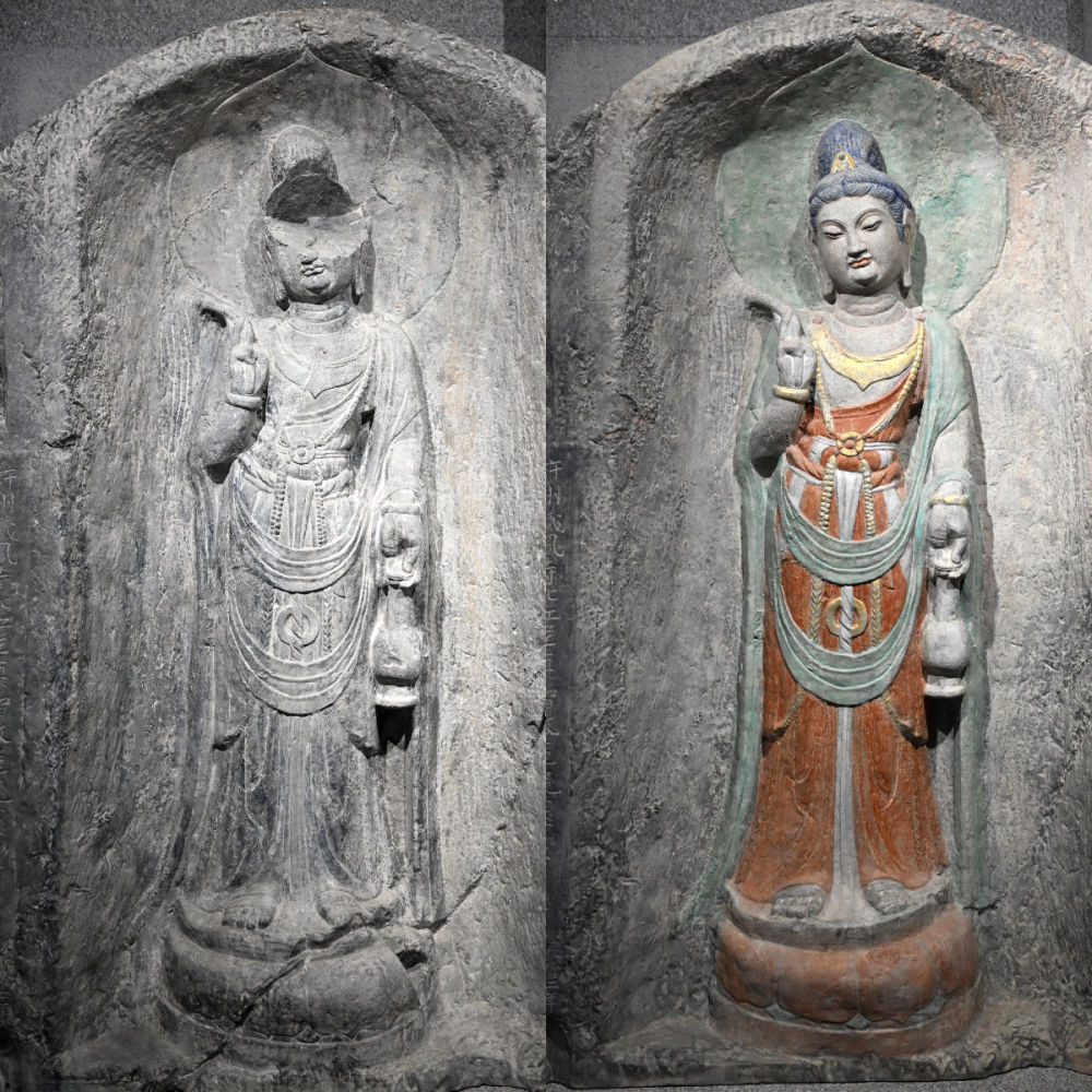 左圖為龍門石窟萬佛洞窟前南壁菩薩造像的3D打印模型；右圖為利用數(shù)字化技術(shù)復(fù)原后的3D打印模型（2025年4月10日攝，拼版照片）。復(fù)原后的像龕精妙絕倫，栩栩如生，被游客譽為“龍門最美菩薩”。圖片來源新華社