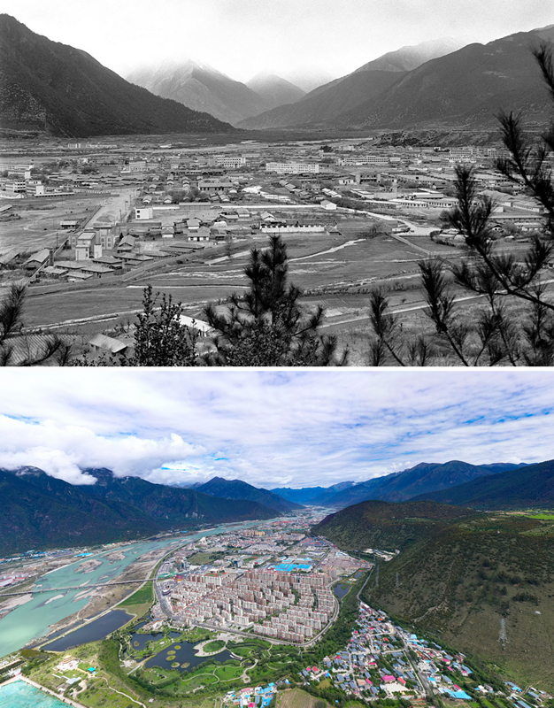 拼版照片：上圖是20世紀90年代的西藏林芝八一鎮(zhèn)；下圖是2021年7月20日拍攝的西藏林芝八一鎮(zhèn)風貌。