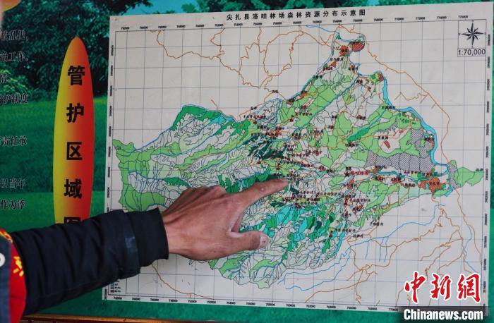 圖為桑杰加介紹管護(hù)區(qū)域分布?！●R銘言 攝